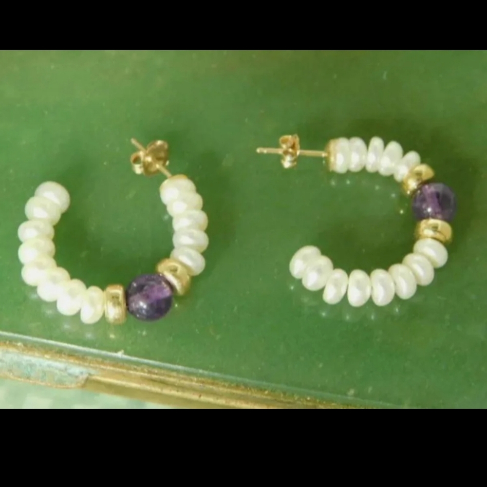 Pearl Amethyst Hoops - image 1